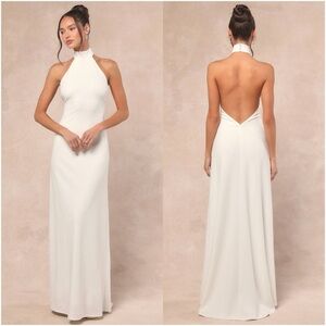 LULU’S Alaura White Backless Halter Maxi Dress
